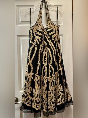 LARA Design Black with Gold Floral RicRac Motif 100% Silk Halter Swing Dress.